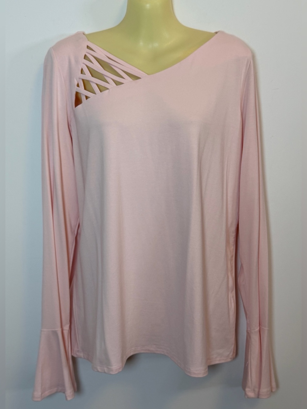 Cyrus Light Pink Bell Sleeve Top with Lattice Shoulder Detail